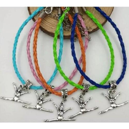 Fast shipping Gymnastics Athletes Girl Dangle Bead Pendant Mixed Color Leather Braided Rope Bracelets& Bangles Womens Jewelry