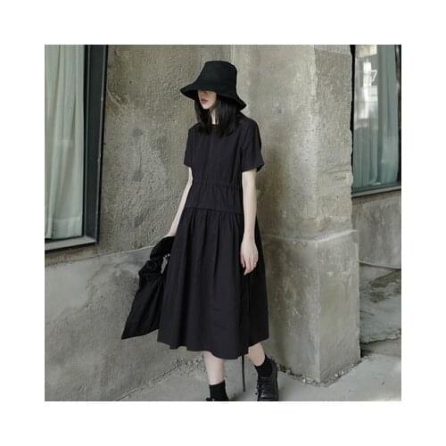 Black drawstring waist slimming short-sleeved dress blouse skirt dark tide