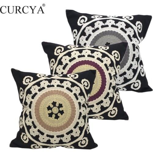 CURCYA Black Cushion Cover Cotton Canvas Embroidered Throw Pillow Covers Couch Sofa Pillowcase for Home Decoration 45x45cm