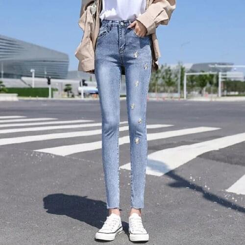 Stretch High Waist Small Daisy Denim Pants Womens All-Match Embroidery Skinny Jeans Streetwear Oversize Casual Female Trousers