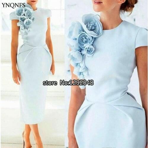 YNQNFS Elegant 2020 Robe Cocktail Dress Tea Length Handmade Rosette Light Blue Satin Dress Wedding Private Order