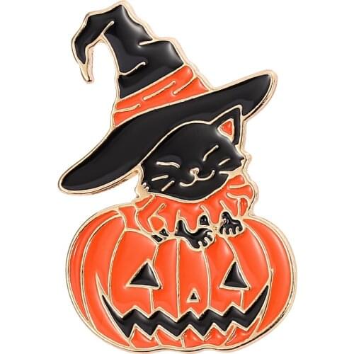 Halloween Cute Enamel Brooch Ghost Hat Black Cat With Happy Pumpkin Pin Cartoon Witch Magic Badges Creative Holiday Gift