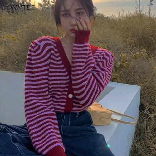 Cardigan Women Cropped Sweater Striped V-Neck All-match Simple Female Clothing College Stylish Ins Casual Spring Knitted Popular