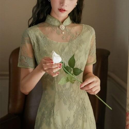 Chinese Improved Cheongsam Dress Green Lace Summer 2021 Long Chinese Style Retro Slim Embroidered Cheongsams Hollow Out Dresses