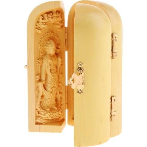 MagiDeal Tibet Buddhism Boxwood Kwan-yin Shakyamuni GuanYin 3 God Buddha Statue Box