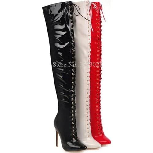 Fashion Patent Leather Crossover Strap Over the Knee Boots Woman Sexy Pointed Toe Bandage Lace-up Stiletto Heel Long Boots Lady