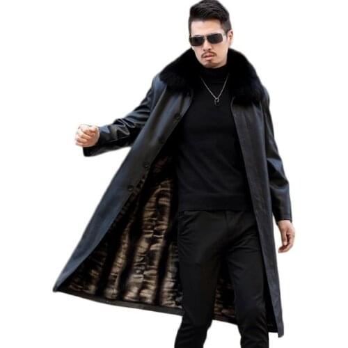 Mens Clothing Fox fur collar Genuine Leather leather windbreaker long XL plus velvet leather winter coat leather coat jacket