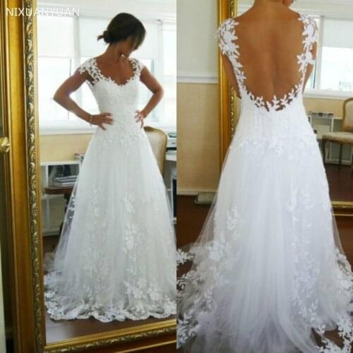 Cheap Vestido De Noiva Renda Applique Cap Sleeve Floor Length Wedding Dress 2021 See Though Back Sexy Vestido De Noiva Com Renda
