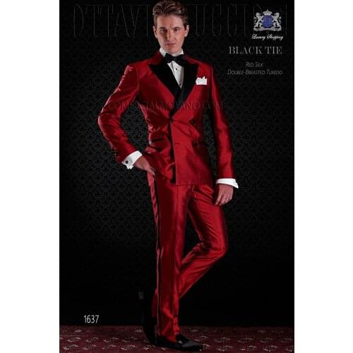 Groomsmen Shiny Red Groom Tuxedos Newest Men Suits Peak Black Lapel Best Man 2 pieces Bridegroom Suit ( Jacket+Pants+Tie ) C583