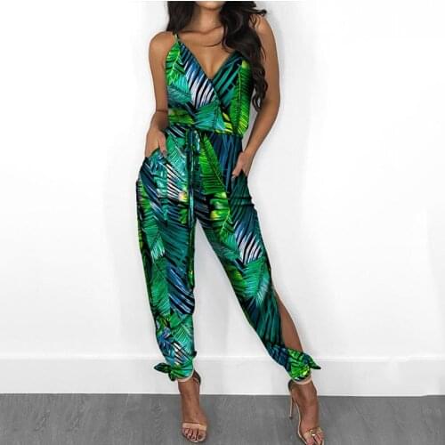 Holiday Beach Wear 2021 Summer Overalls V Neck Sleeveless Green Tropical & Floral Print Slit Tied Detail Jumpsuit With Pockets