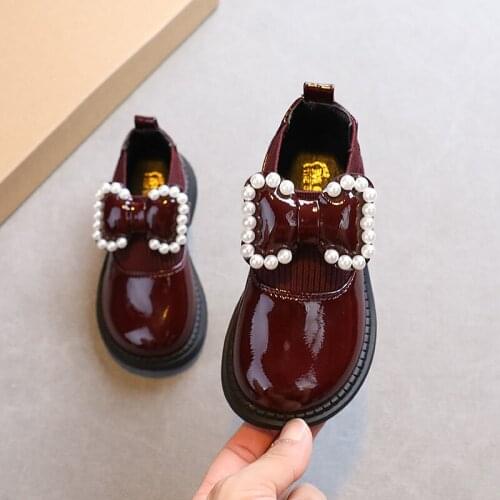 Girls Leather Shoes Fashion Pearl Bow Baby Casual Shoes 2021 New Autumn Soft Flat Princess Children Shoes G235