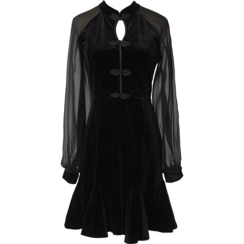 PERHAPS U Black Long Sleeve Mini Dress Cheongsam Winter Solid Full Length Sleeve D0779