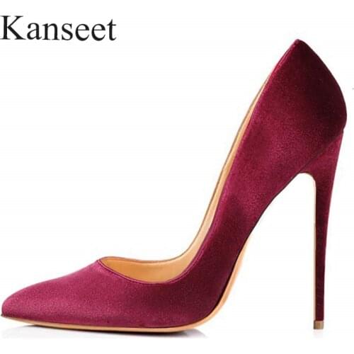 Kanseet New Womens Pumps Stiletto Red Wedding Party Prom Ladies Pointed Toe Shallow Slip-On Sexy Super High Heels Female Shoes