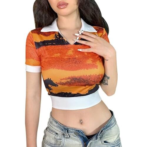 2021 New Womens Slim Fit Crop Tops Vintage Cowboy Horse Print Short Sleeve Lapel V Neck T-Shirts
