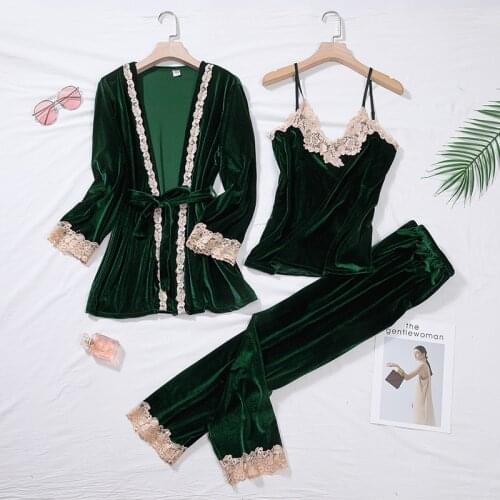 Green Velour Pajama Suit Women 2PCS Robe Nightgown Set Sleepwear Lady Winter Velvet Warm Lace Folwer Kimono Bathrobe Gown M-XL