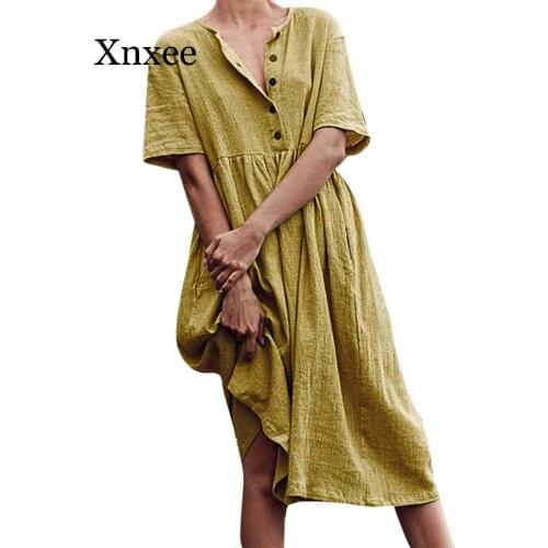 Boho dress Women O-Neck Dresses vintage Button Short Sleeve Cotton And Linen Easy Polyester Mid-Calf Solid Summer Dress plus