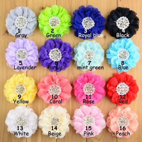 120pcs/lot 9CM 16colors Hair Clip Lace Chiffon Flower+Rhinestones Pearls For Hair Accessories Shabby Fabric Flowers For Headband