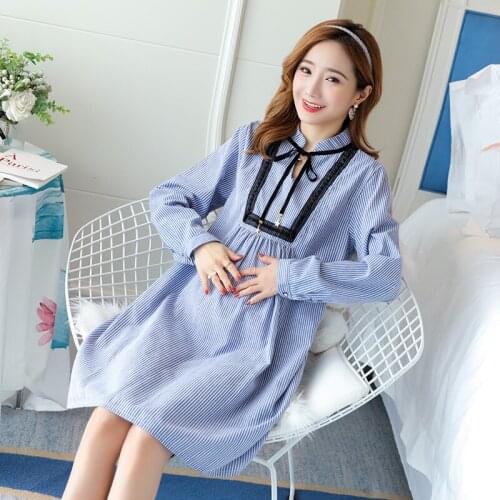 932# Maternity Clothes Spring Autumn Cotton Striped Long Sleeve Loose Stylish Dress for Pregnant Women Mom Dress