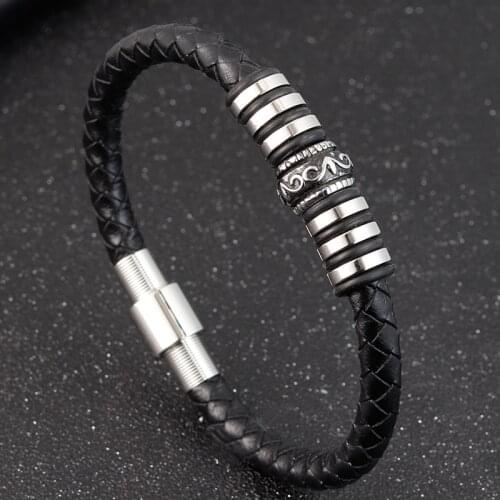 Geometric Circle Combination Accessories Mens Stainless Steel Leather Bracelet Magnet Buckle Birthday Commemorative Gift