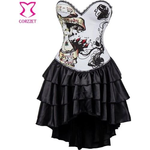 White Vintage Print Cotton Gothic Corset Dress Steampunk Corsets And Bustiers Vintage Burlesque Costume Sexy Korsett For Women