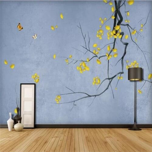 Custom large wallpaper hand-painted new Chinese style pen gold ginkgo background wall painting waterproof material