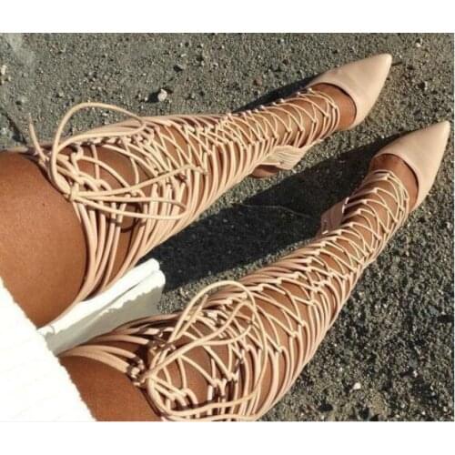 Sexy Beige Suede Leather Tight High Sandal boots pointed toe hollow gladiator heel boot womens cut-out lace-up dress shoes