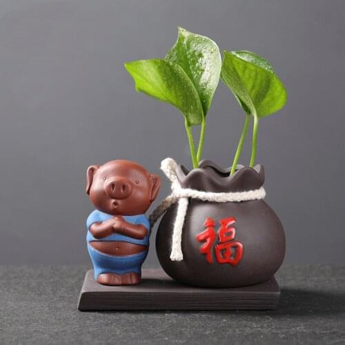 Boutique Purple Clay Tea Pet Lucky Fortune Piggy Tea Figurine Desktop Flower Pot Garden Bonsai Decoration Tea Set Accessories