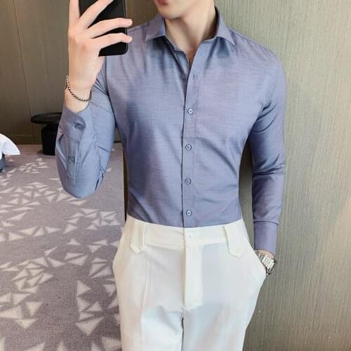 British Style Business Formal Wear Slim Fit Bamboo Fiber Men Dress Shirts Long Sleeve Simple Anti-Wrinkle Non-Iron Chemise Homme