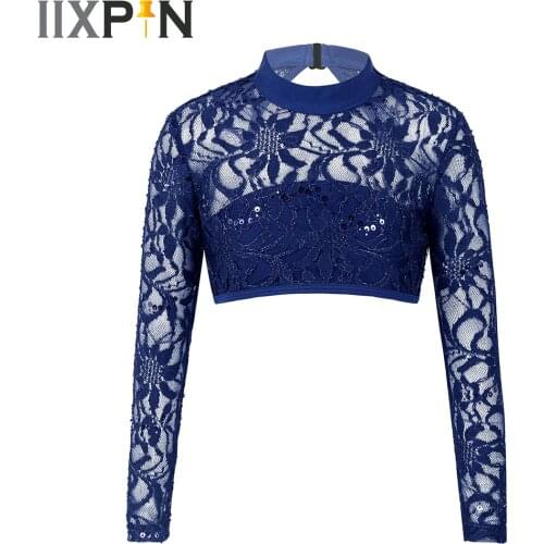 Kids Girls Crop Top See-through Lace Sequins Tanks Tops for Dance Costume Gymnastic Leotard Shirt Sport Workout Activewear