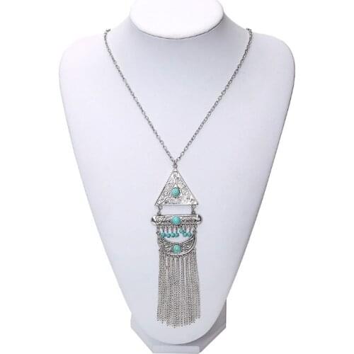 Ethnic Alloy Geo Pendant Necklace For Women Vintage Synthetic Stone Metal Tassel Long Pendant Necklace Fashion Jewelry Colar