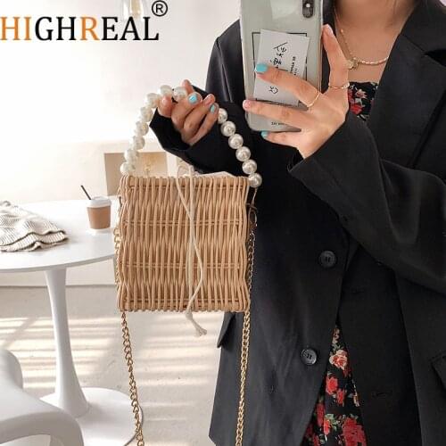 HIGHREAL Pearls Beach Bag Women Summer New Elegant Woven Beaded Straw Bag Female Bohemia Knitted Tote Handbag Vacation Casual