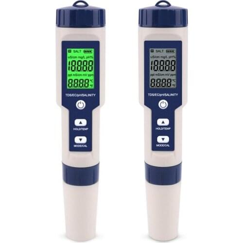 5 in 1 TDS/EC/PH/Salinity/Temperature Meter Digital Water Quality Monitor Tester for Pools, Drinking Water, Aquariums