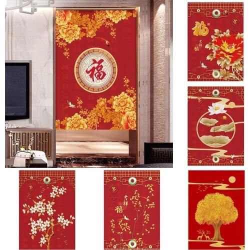 Chinese Style Cloth Curtain Bedroom Kitchen Door Curtain Doorway Hanging Curtain Without Punching Half Panel Curtain