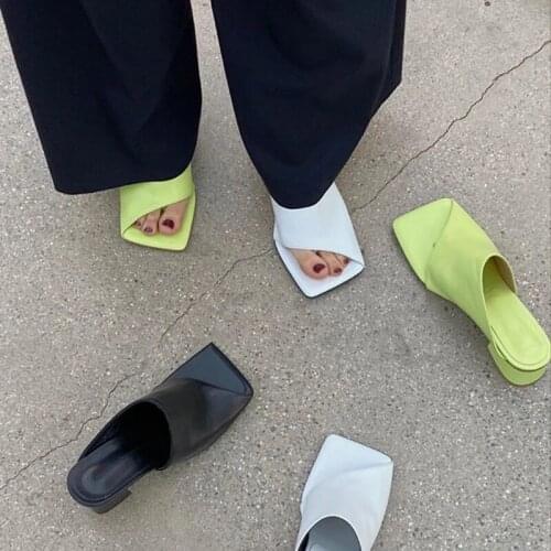 Open Square Toe Solid Fashion Mules Women Slip On Flip Flop Summer Sandals Green Chunky High Heels Female Pumps