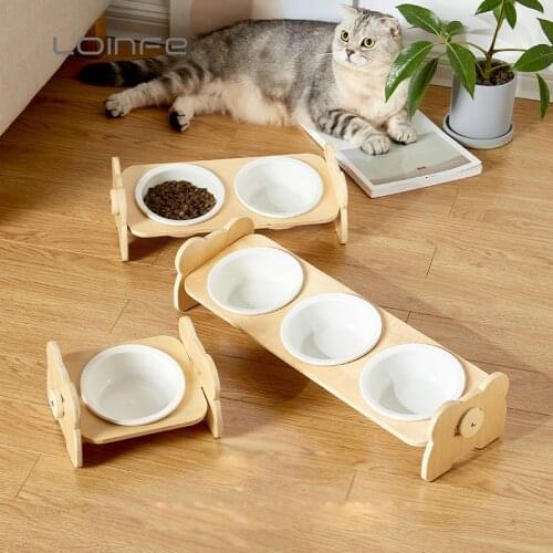 Non-slip Pet Ceramic Bowl with Bamboo Stand Cat Bowl Dog Bowl Pet Drinking Bowl Food Container Cat and Dog Feeding Supplies