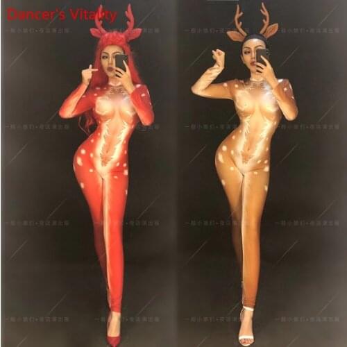 Christmas Nightclub Bar Performance Costume DJ Women Singer DS Model Lovely Elk Headdress Rhinestone Body Suit 2pcs Stage Wear