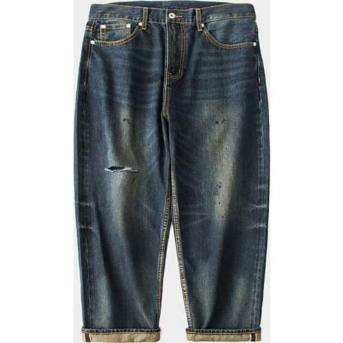 Ripped Jeans Men Casual Denim Pants Loose Baggy Trousers Straight Distressed Jeans Knife Cutting Oil Stained Ink Denim Jeans