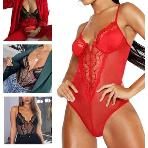 Sexy Transparent Lace Bodysuit V neck Corset Slim Body Underwear Black Red Jumpsuit Mesh Net Lace Bodysuit Sexy Bra Nightwear
