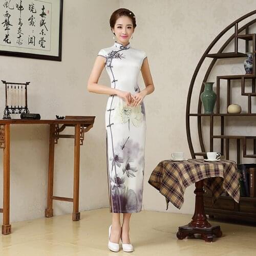 Silk Lady Elegant Lotus Cheongsam Women Long Sexy Qipao Chinese Dress Chinese Ancient Costume Female Party Dress 16003