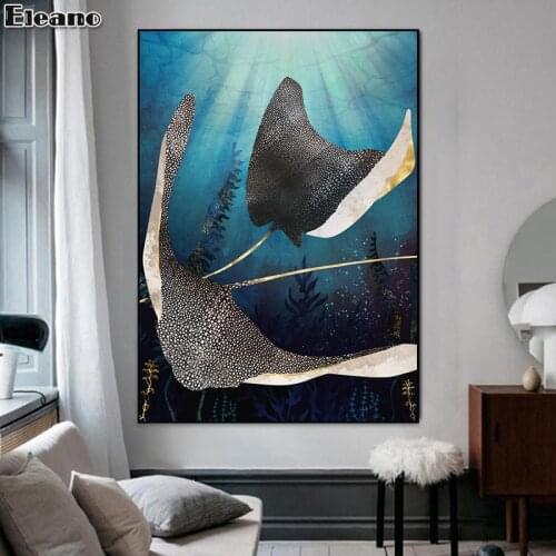 Blue Gold Devil Fish Octopus Jellyfish Whale Poster Luxury Ocean Animal Canvas Painting HD Wall Art Picture Home Decor Painting