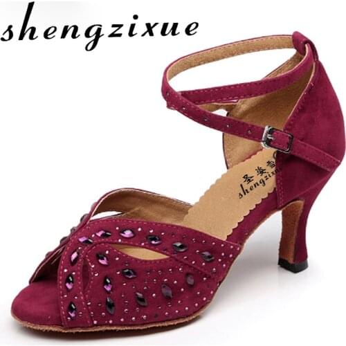 WUXIJIAO Diamond velvet Latin dance shoes adult female high-heeled summer square dance sandals soft outsoleheel 7.5cm