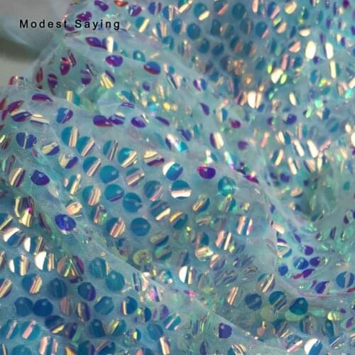 3Y Light Blue Laser Fish Scales 9mm Sequins Fabric for Evening Dresses Wedding Gown Symphony Cloth Mesh for Photography Backdrop
