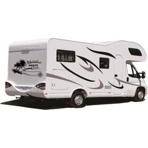 Stripes Graphics (Two side)+Back body Coconut tree style Vinyl Graphics Kit Car Stickers for Caravan Travel Trailer Camper Van
