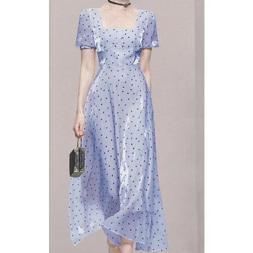 ZAWFL New Clothes 2021 Pleated Polka Dot Puff Sleeve Long Dress Trendy Runway Luxury Party Women Vintage Square Neck Long Dress