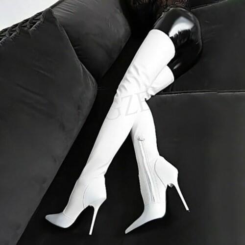 LAIGZEM White Women Over Knee High Boots Faux Leather Zip Stiletto Tacco Alto Boots Shoes Ladies Botines Mujer Large Size 45 47