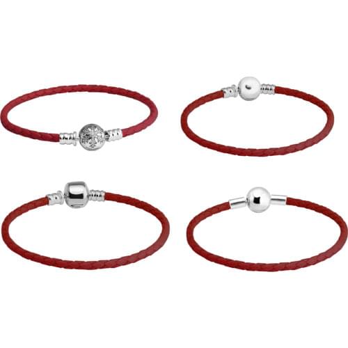 CKK Red Leather Bracelet Genuine 925 Sterling Silver Ball Clasp Bracelets for Women DIY Jewelry Gift pulseras mujer PB719