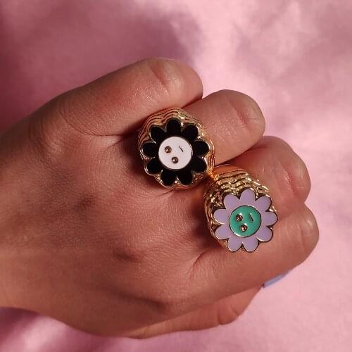 Flatfoosie 2021 Gold Color Enamel Flowers Rings For Women Cute Smiley Face Metal Geometric Rings Korean Fashion Jewelry Gift