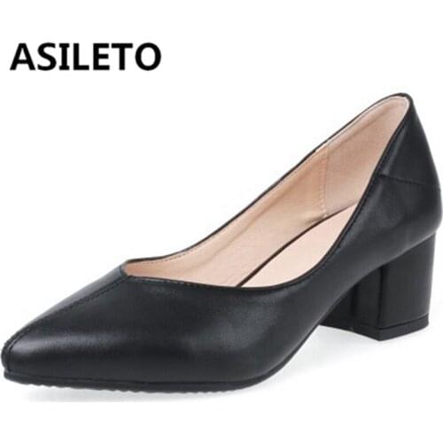 ASILETO Concise Woman Spring Autumn Pumps Pointed Toe 5.5cm Square Heels pu Slip on Large size 31-43 Casual Office Career S1850