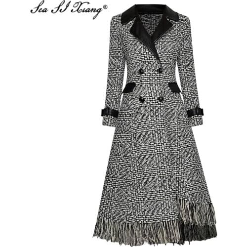 Seasixiang Fashion Designer Autumn Wool Blends Overcoat Womens Long Sleeve Double Breasted PU Patchwork Tassel Outwear