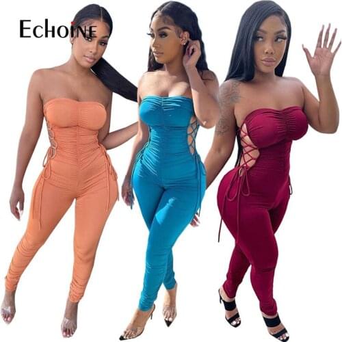 Echoine spring Women Solid Hollow Out Bodysuit Low-cut Sexy Sleeveless one piece Jumpsuit Elegant Pleated Female Pants Clothing